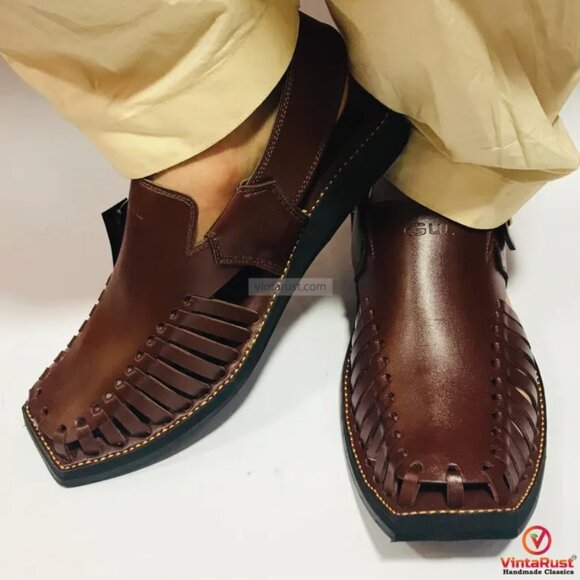 Dark Brown Leather Peshawari Chappal with Durable Sole, Premium Handmade Sandals - Picture 1 of 5